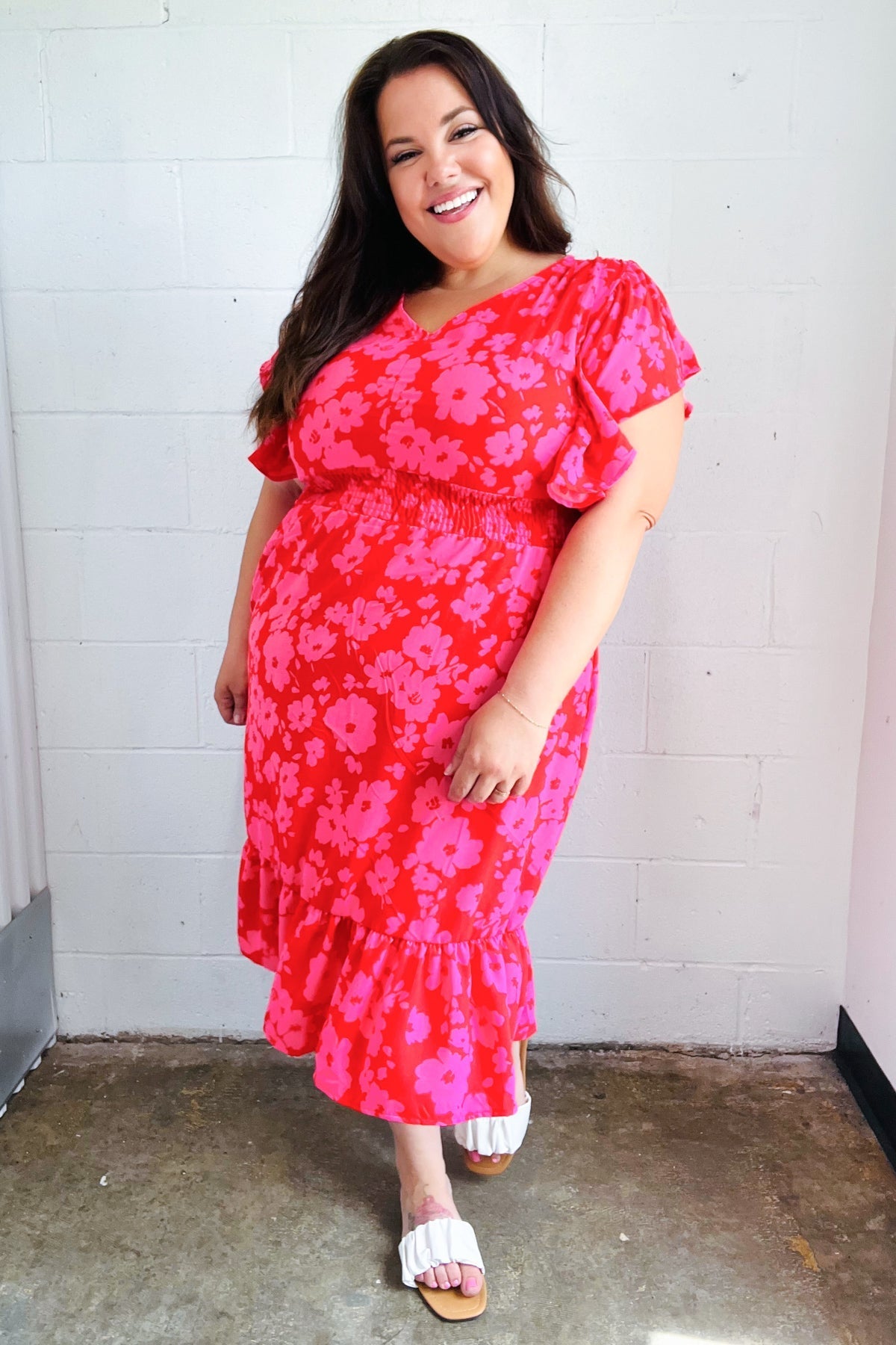 Remember Me Red & Pink Floral Print Smocked Waist Midi Dress - Bitsy Gypsy Boutique