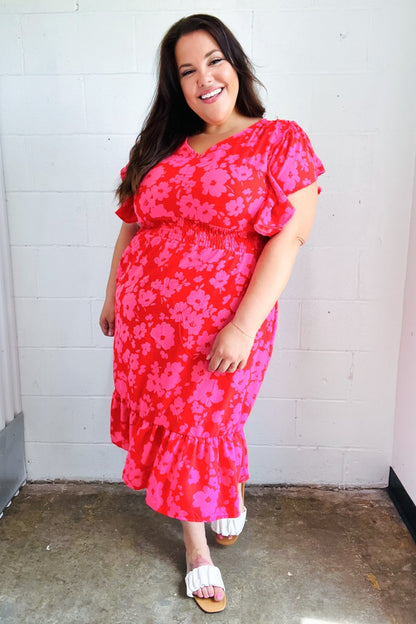 Remember Me Red & Pink Floral Print Smocked Waist Midi Dress - Bitsy Gypsy Boutique
