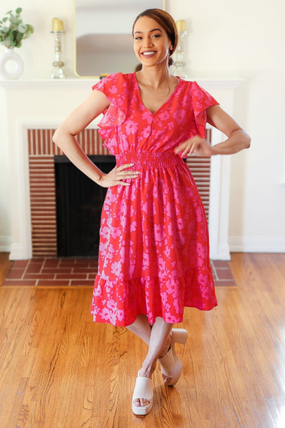 Remember Me Red & Pink Floral Print Smocked Waist Midi Dress - Bitsy Gypsy Boutique