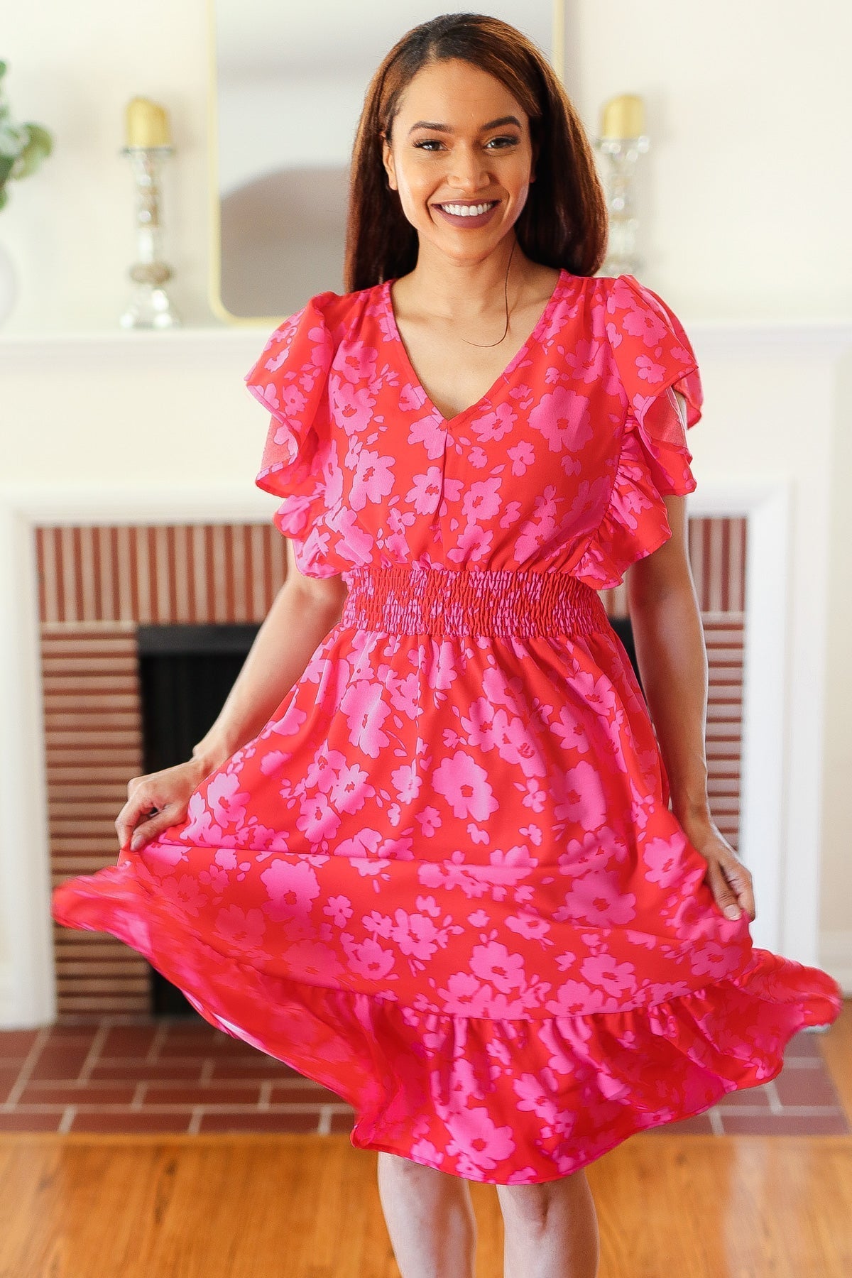 Remember Me Red & Pink Floral Print Smocked Waist Midi Dress - Bitsy Gypsy Boutique
