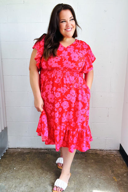 Remember Me Red & Pink Floral Print Smocked Waist Midi Dress - Bitsy Gypsy Boutique