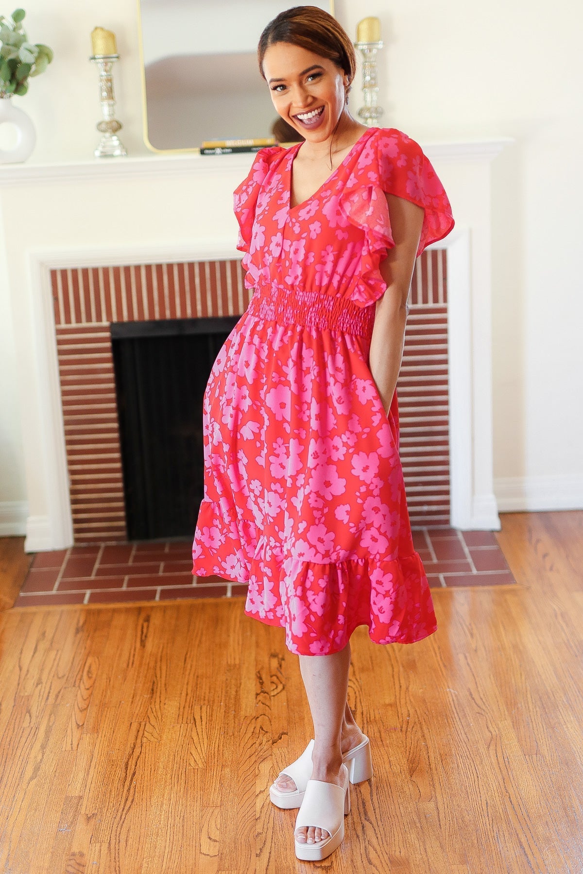 Remember Me Red & Pink Floral Print Smocked Waist Midi Dress - Bitsy Gypsy Boutique