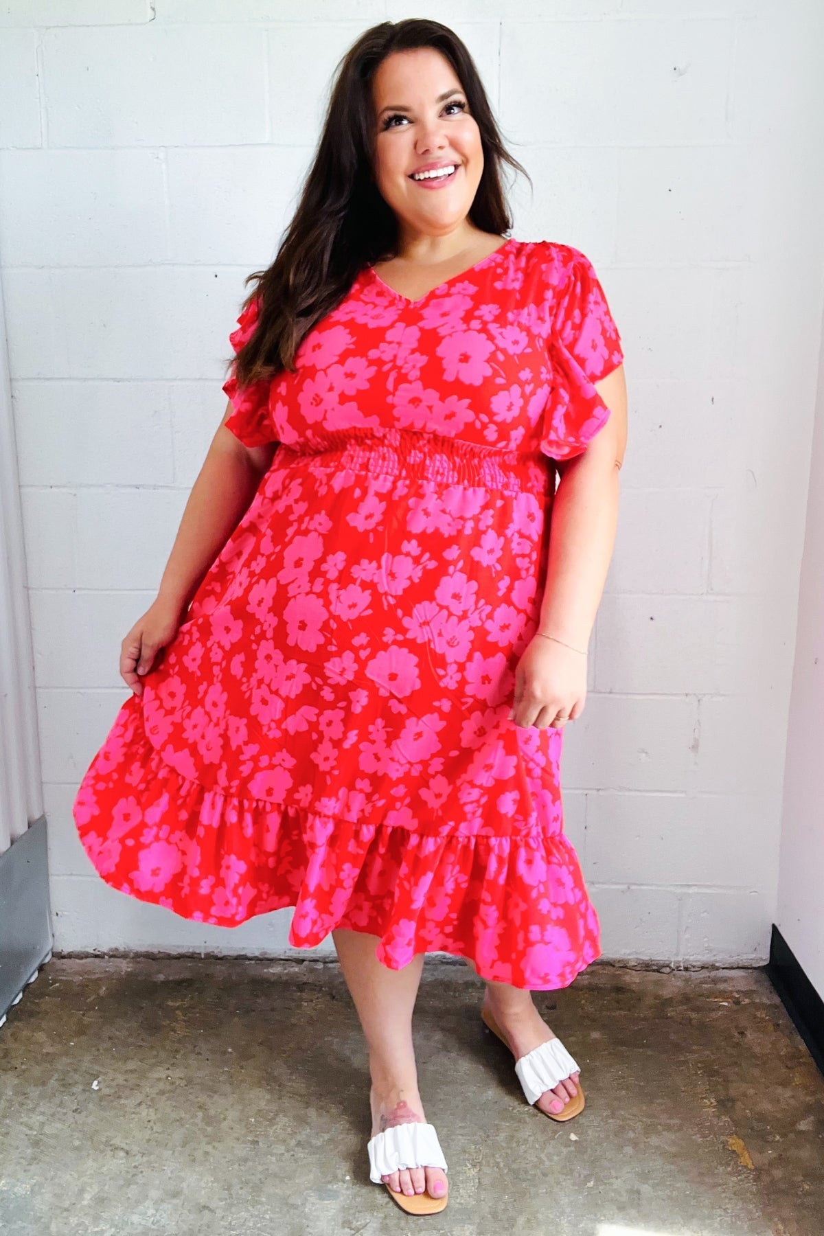 Remember Me Red & Pink Floral Print Smocked Waist Midi Dress - Bitsy Gypsy Boutique