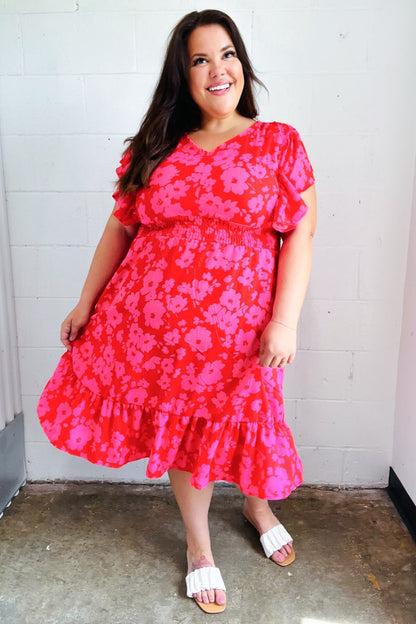 Remember Me Red & Pink Floral Print Smocked Waist Midi Dress - Bitsy Gypsy Boutique