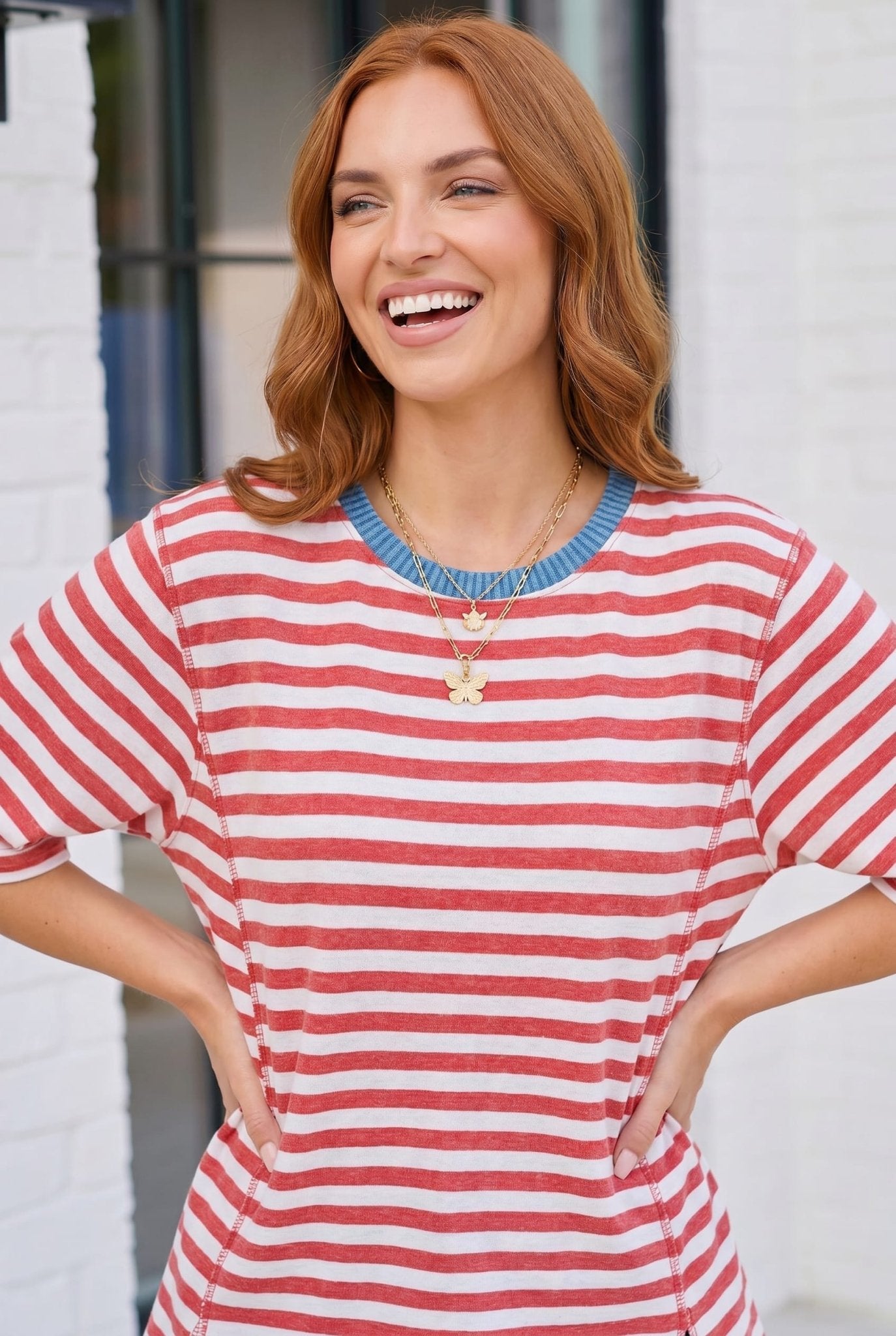 Retro Stripe Oversized Tee with Contrast Ribbed Neck - Bitsy Gypsy Boutique