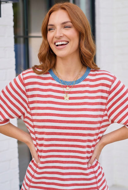 Retro Stripe Oversized Tee with Contrast Ribbed Neck - Bitsy Gypsy Boutique