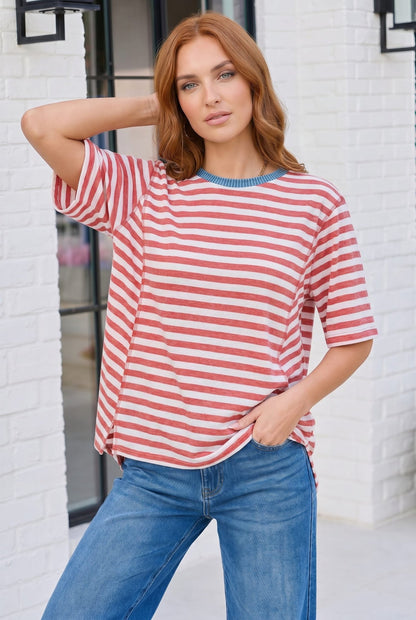Retro Stripe Oversized Tee with Contrast Ribbed Neck - Bitsy Gypsy Boutique