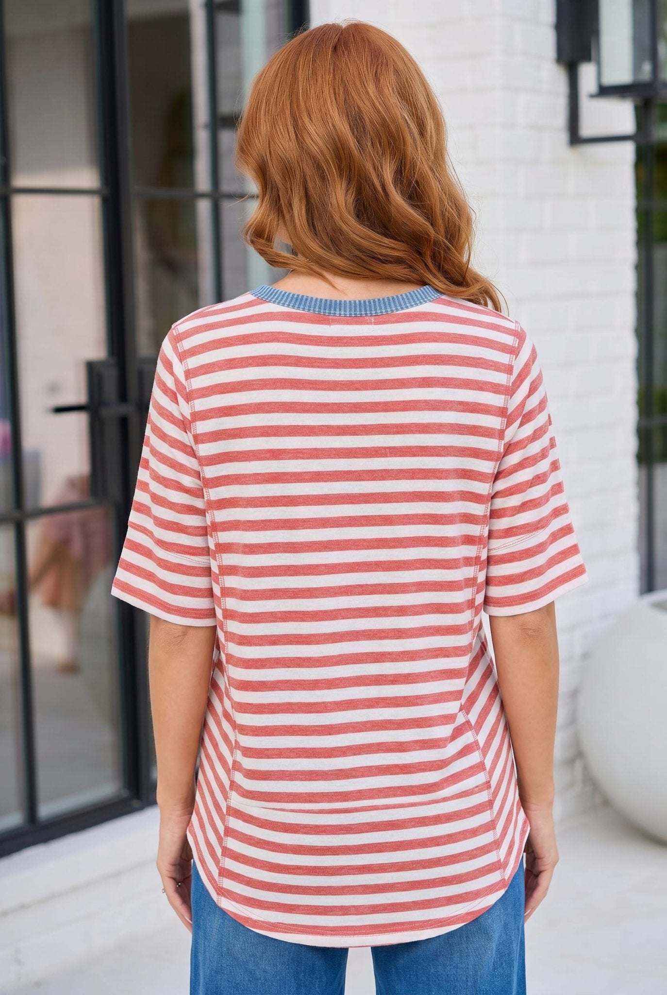 Retro Stripe Oversized Tee with Contrast Ribbed Neck - Bitsy Gypsy Boutique