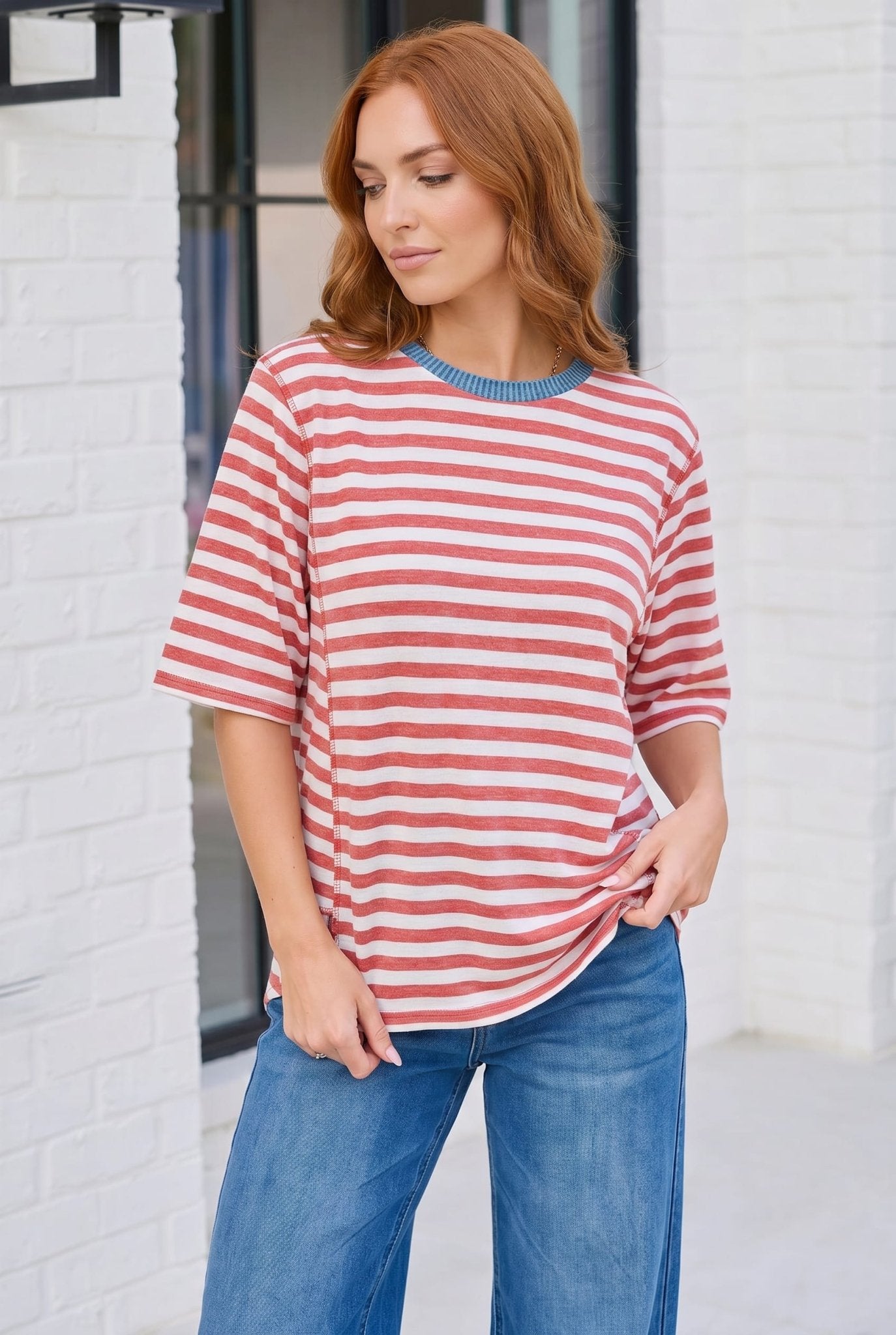 Retro Stripe Oversized Tee with Contrast Ribbed Neck - Bitsy Gypsy Boutique