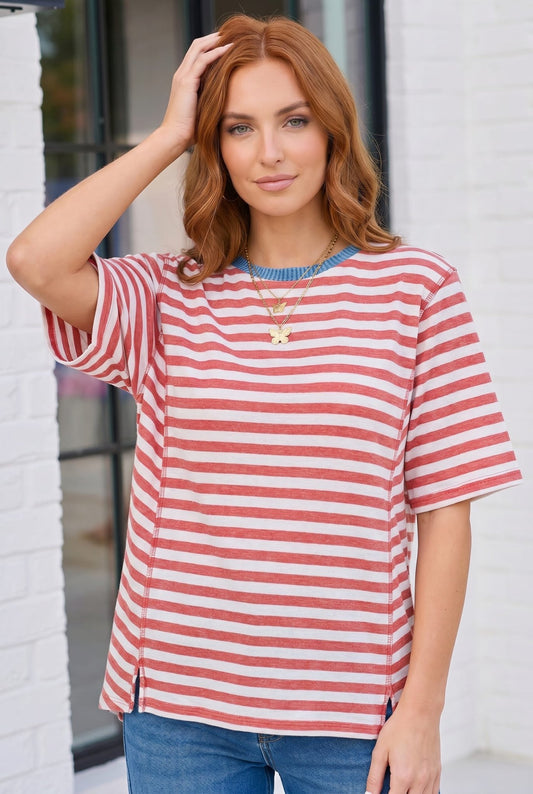 Retro Stripe Oversized Tee with Contrast Ribbed Neck - Bitsy Gypsy Boutique