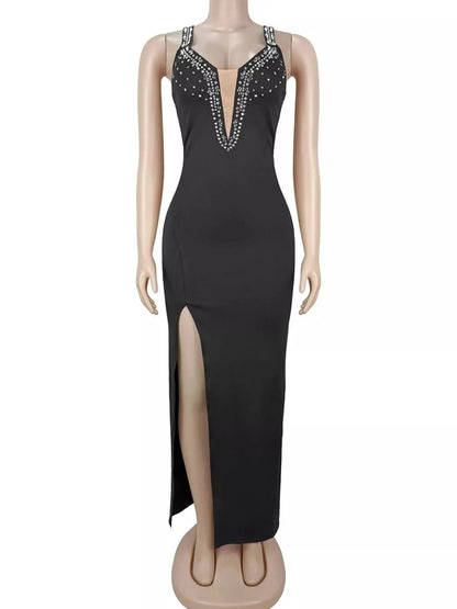 Rhinestone Cutout Back High Slit Maxi Dress - Bitsy Gypsy Boutique