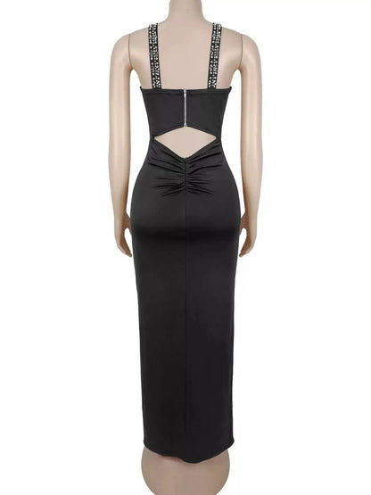 Rhinestone Cutout Back High Slit Maxi Dress - Bitsy Gypsy Boutique