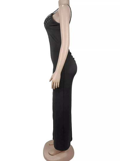 Rhinestone Cutout Back High Slit Maxi Dress - Bitsy Gypsy Boutique