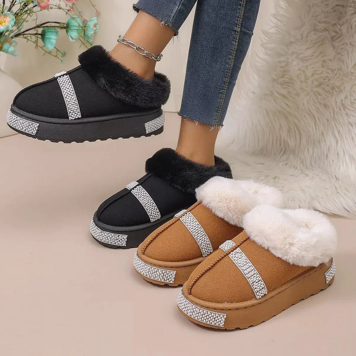 Rhinestone Embellished Faux Fur Lined Platform Boots - Bitsy Gypsy Boutique