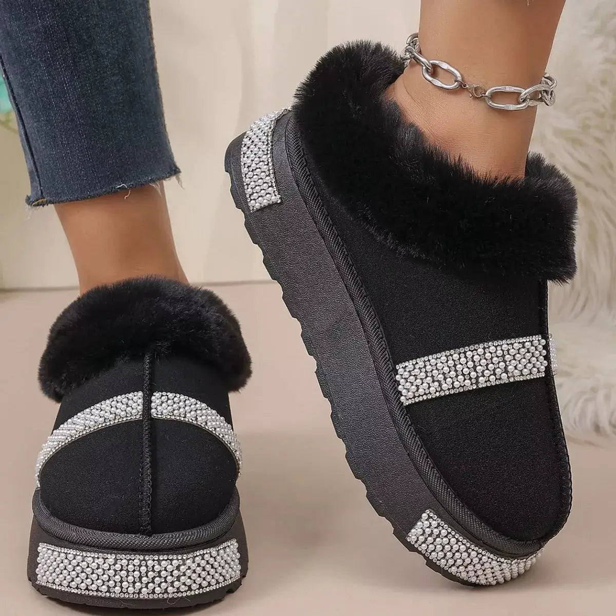 Rhinestone Embellished Faux Fur Lined Platform Boots - Bitsy Gypsy Boutique
