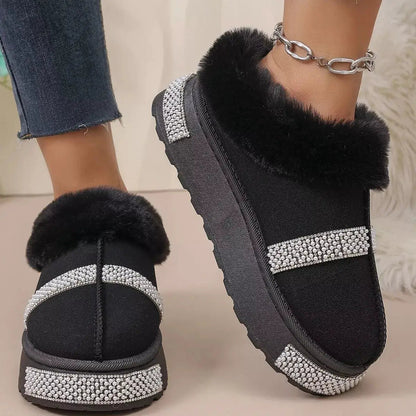 Rhinestone Embellished Faux Fur Lined Platform Boots - Bitsy Gypsy Boutique