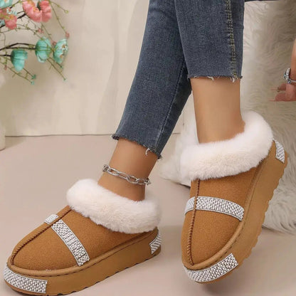 Rhinestone Embellished Faux Fur Lined Platform Boots - Bitsy Gypsy Boutique