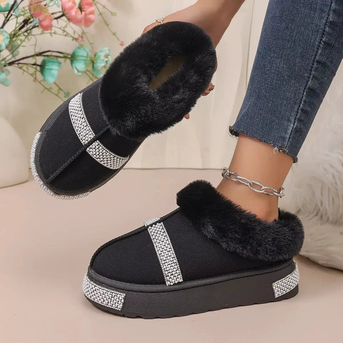 Rhinestone Embellished Faux Fur Lined Platform Boots - Bitsy Gypsy Boutique