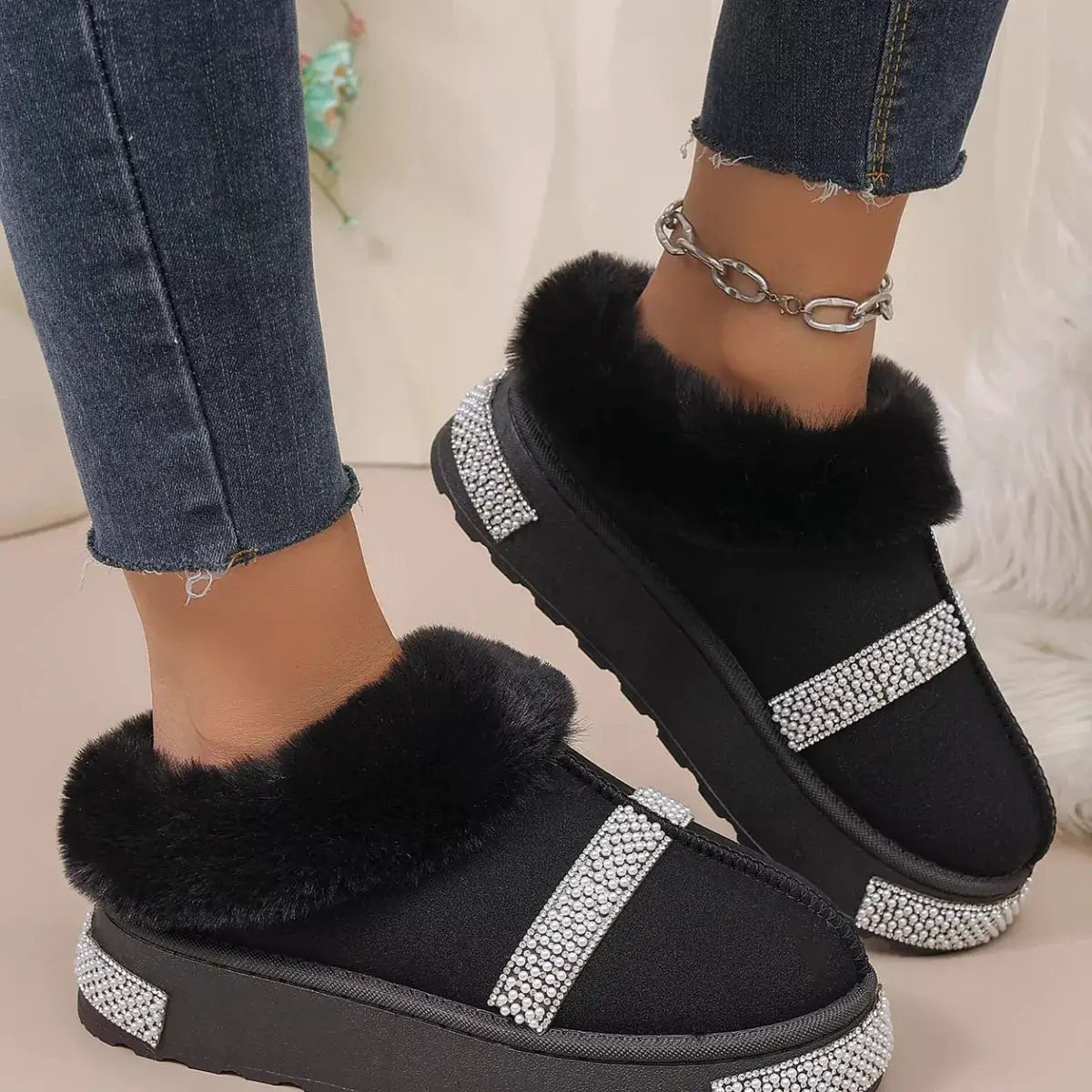 Rhinestone Embellished Faux Fur Lined Platform Boots - Bitsy Gypsy Boutique