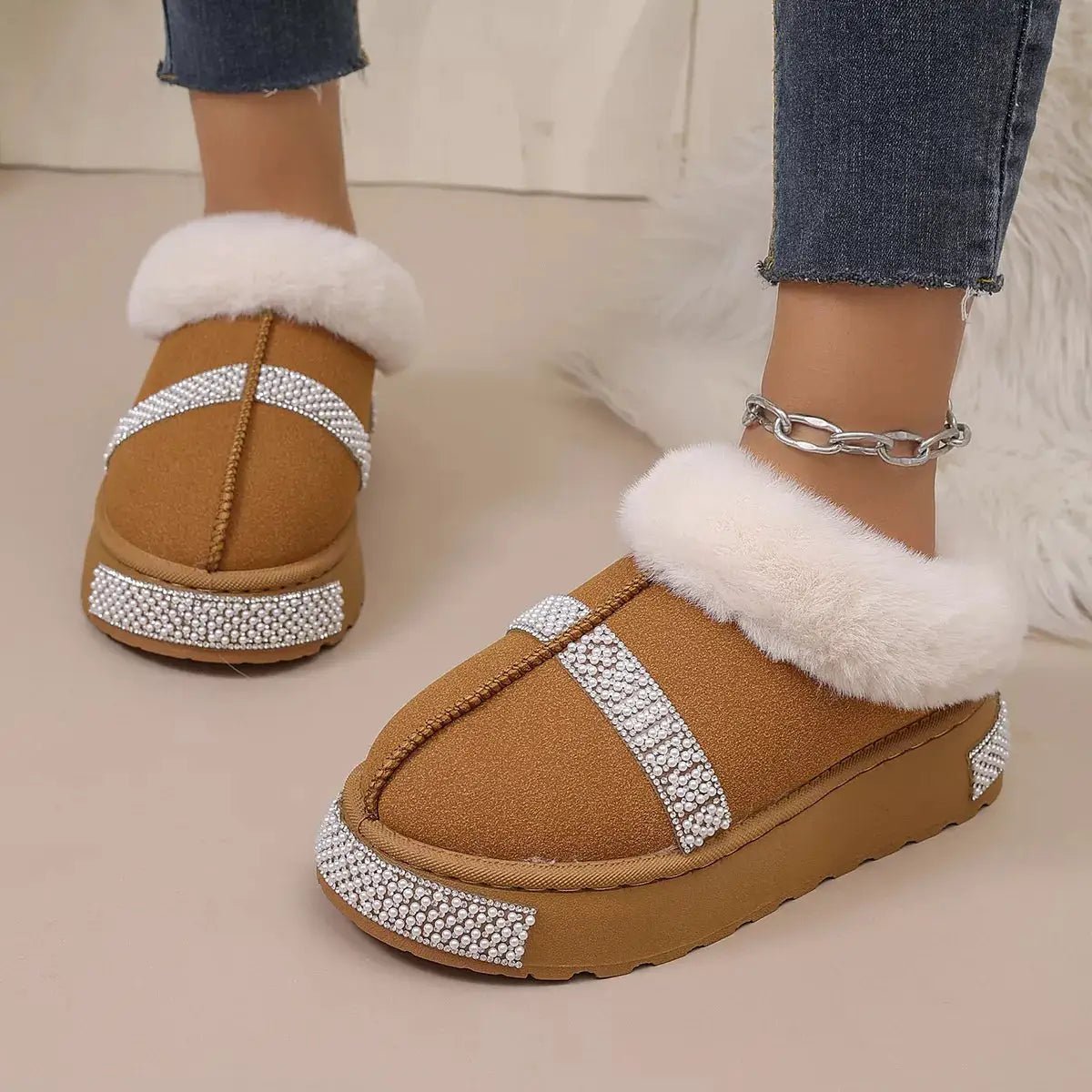 Rhinestone Embellished Faux Fur Lined Platform Boots - Bitsy Gypsy Boutique