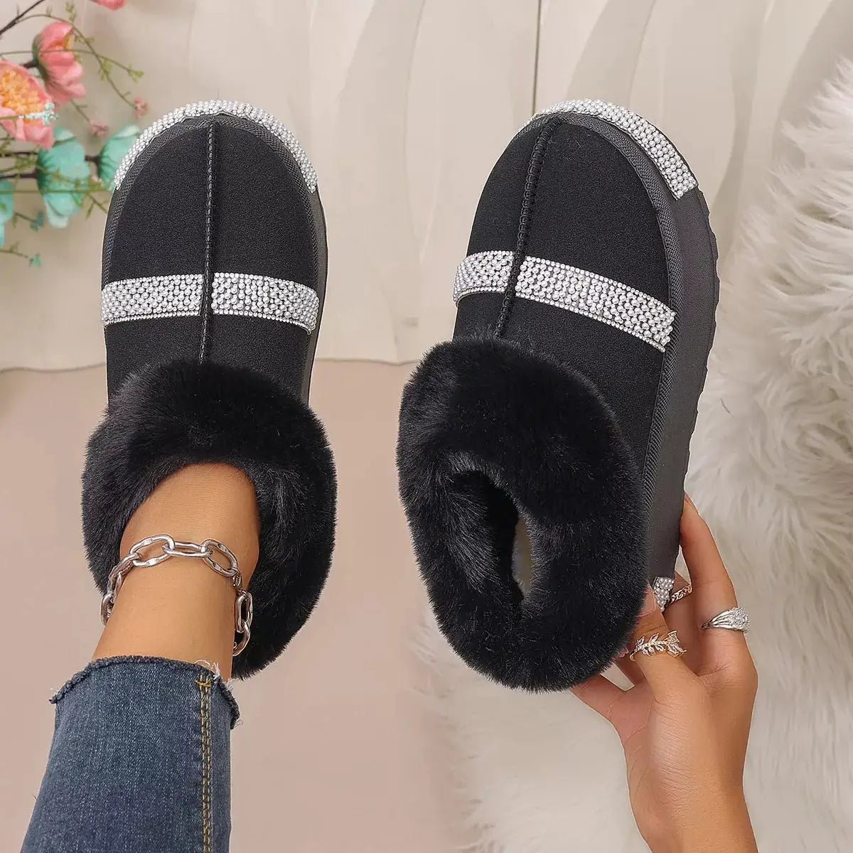 Rhinestone Embellished Faux Fur Lined Platform Boots - Bitsy Gypsy Boutique