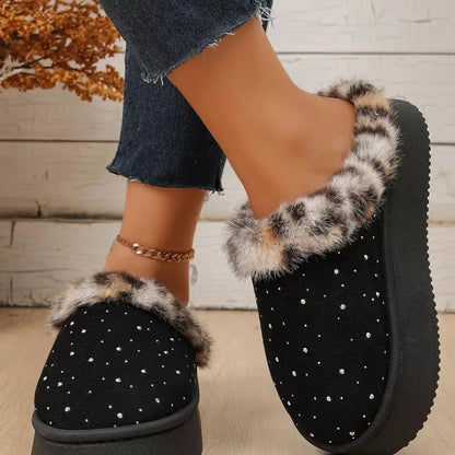 Rhinestone Faux Fur Platform Slippers - Bitsy Gypsy Boutique