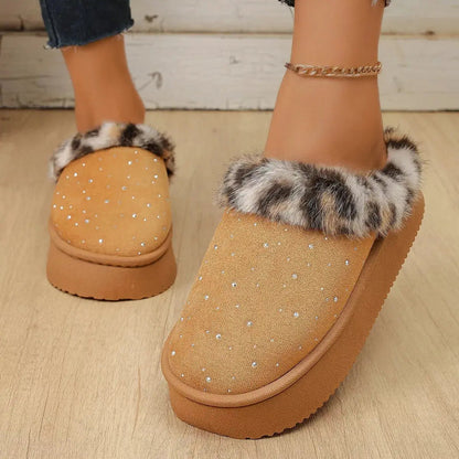 Rhinestone Faux Fur Platform Slippers - Bitsy Gypsy Boutique