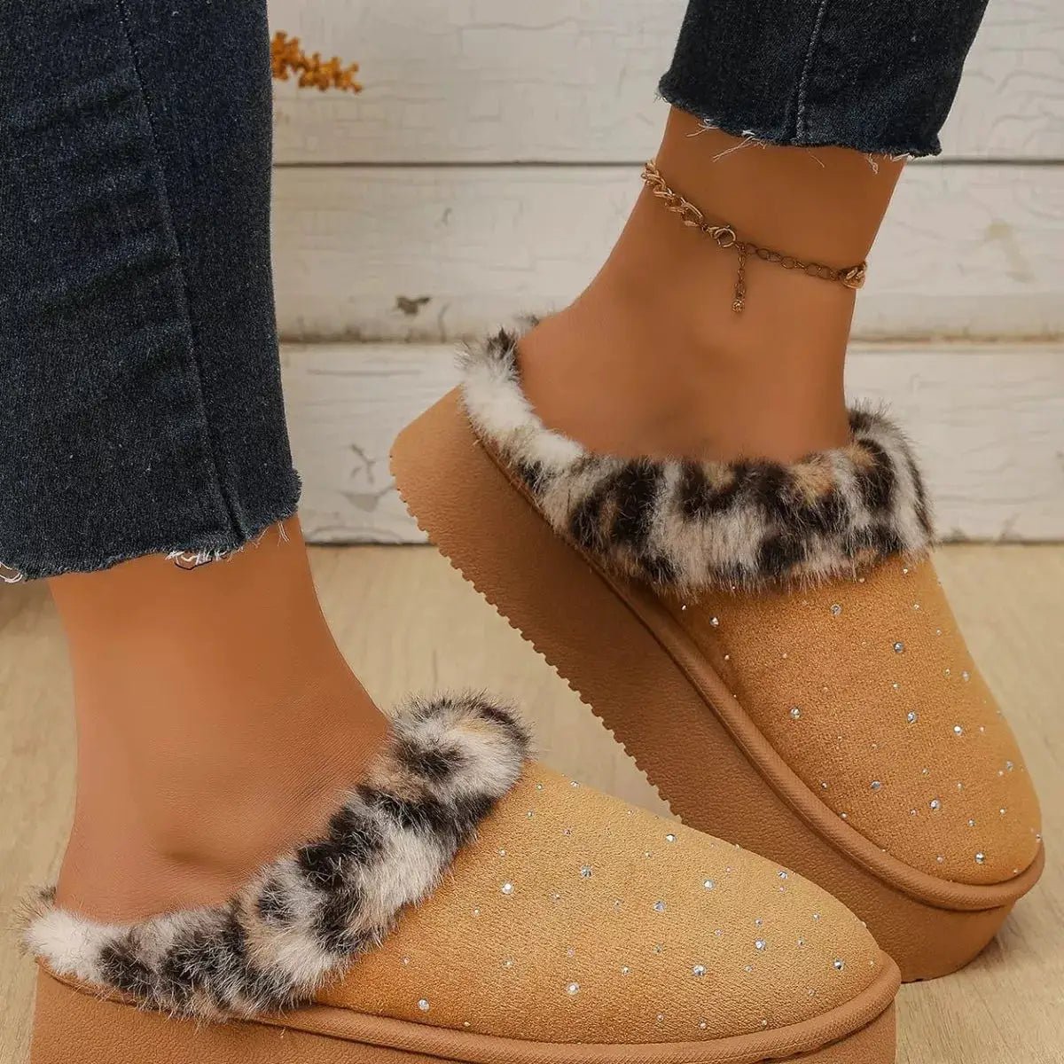 Rhinestone Faux Fur Platform Slippers - Bitsy Gypsy Boutique