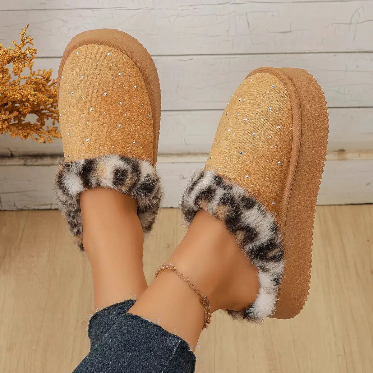 Rhinestone Faux Fur Platform Slippers - Bitsy Gypsy Boutique