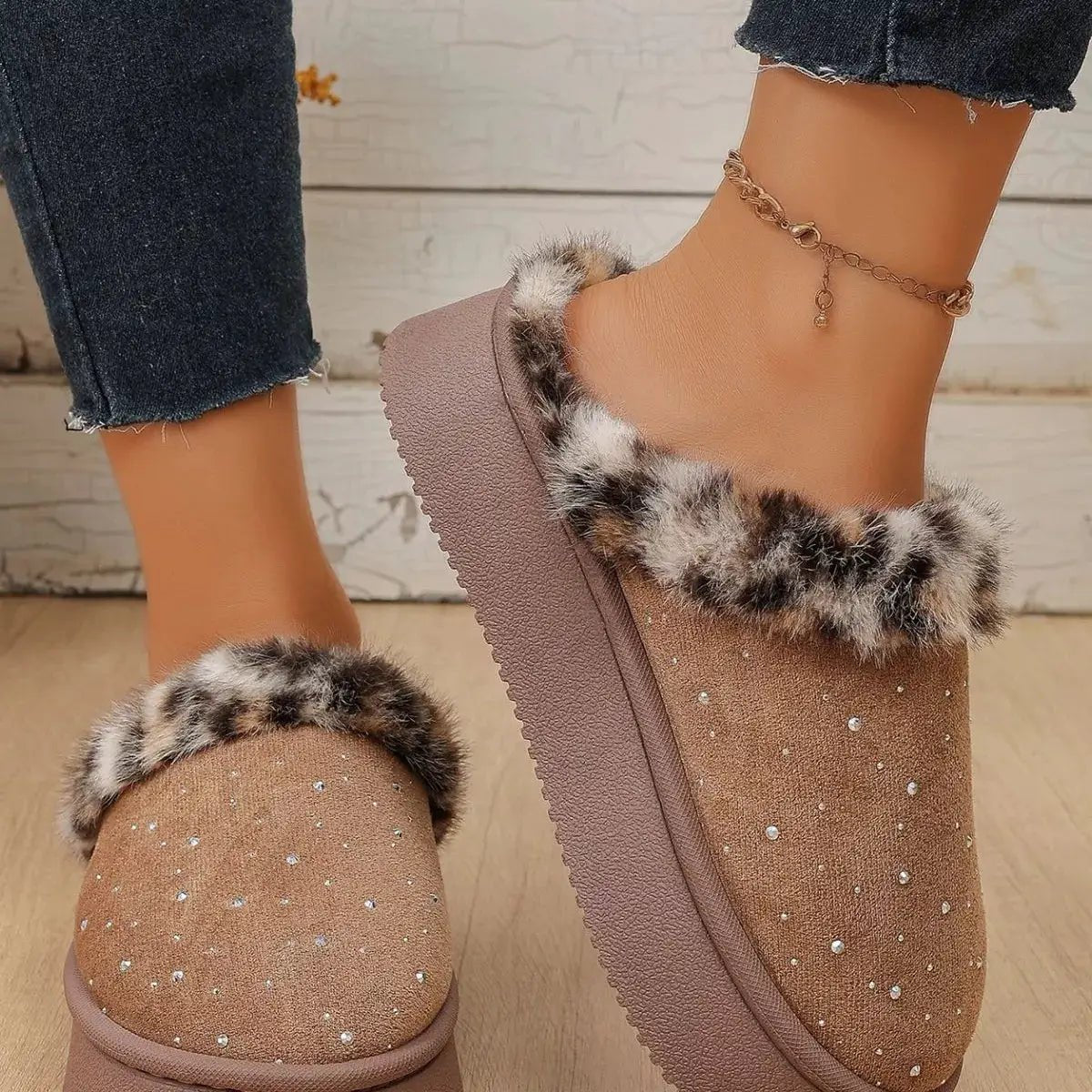 Rhinestone Faux Fur Platform Slippers - Bitsy Gypsy Boutique