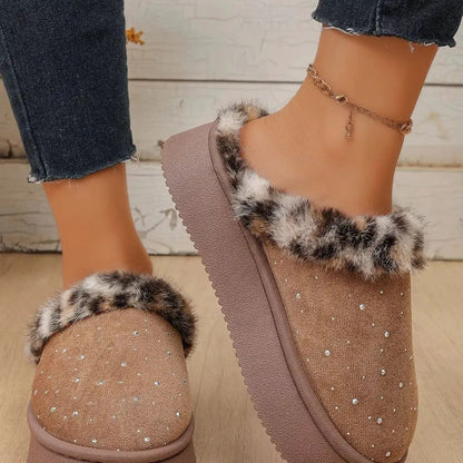 Rhinestone Faux Fur Platform Slippers - Bitsy Gypsy Boutique
