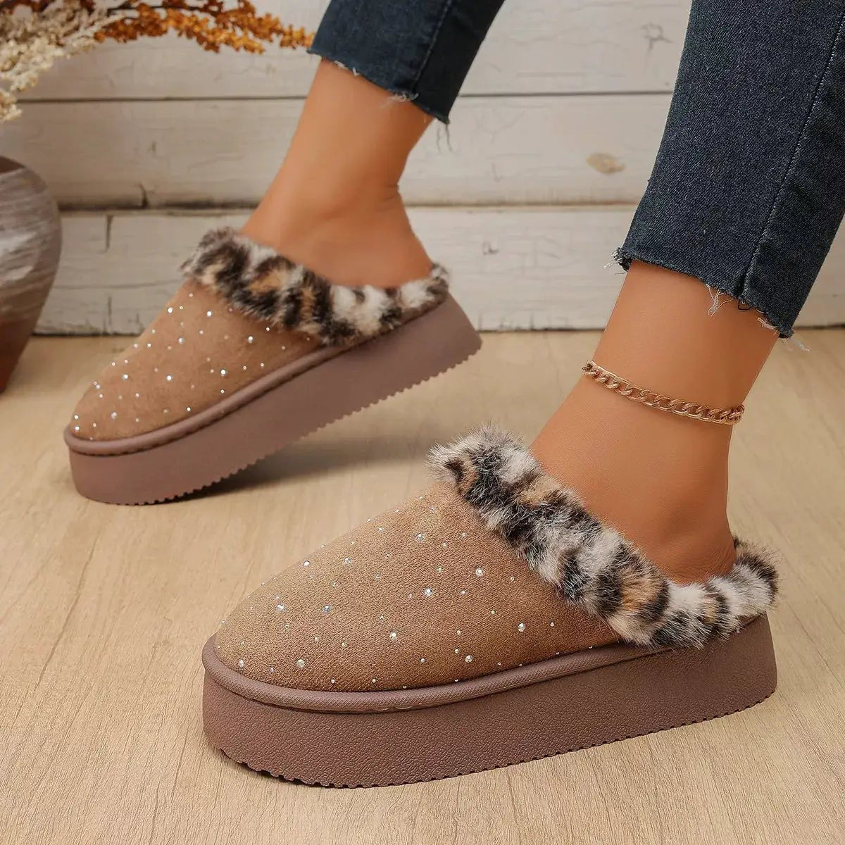Rhinestone Faux Fur Platform Slippers - Bitsy Gypsy Boutique