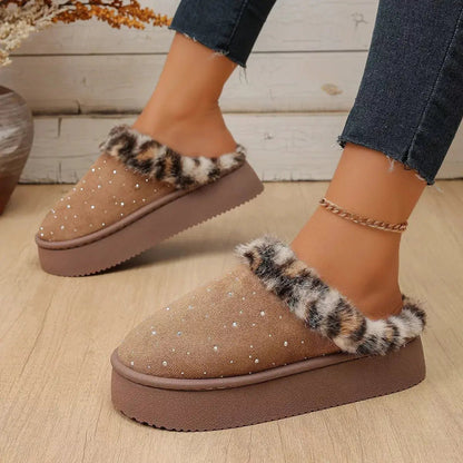 Rhinestone Faux Fur Platform Slippers - Bitsy Gypsy Boutique