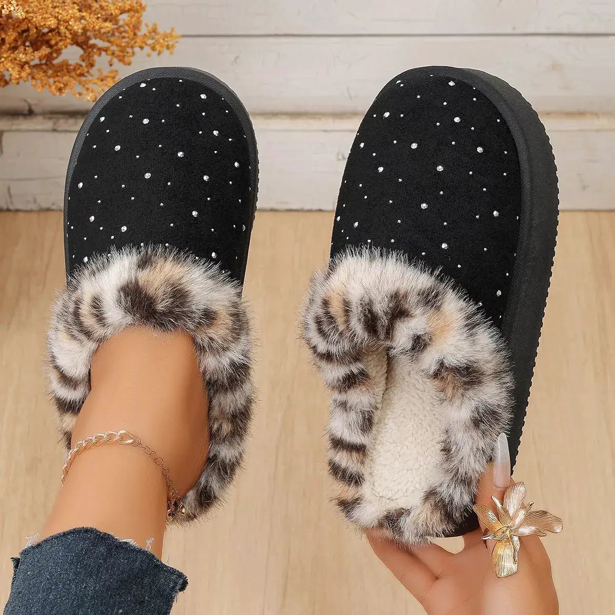 Rhinestone Faux Fur Platform Slippers - Bitsy Gypsy Boutique