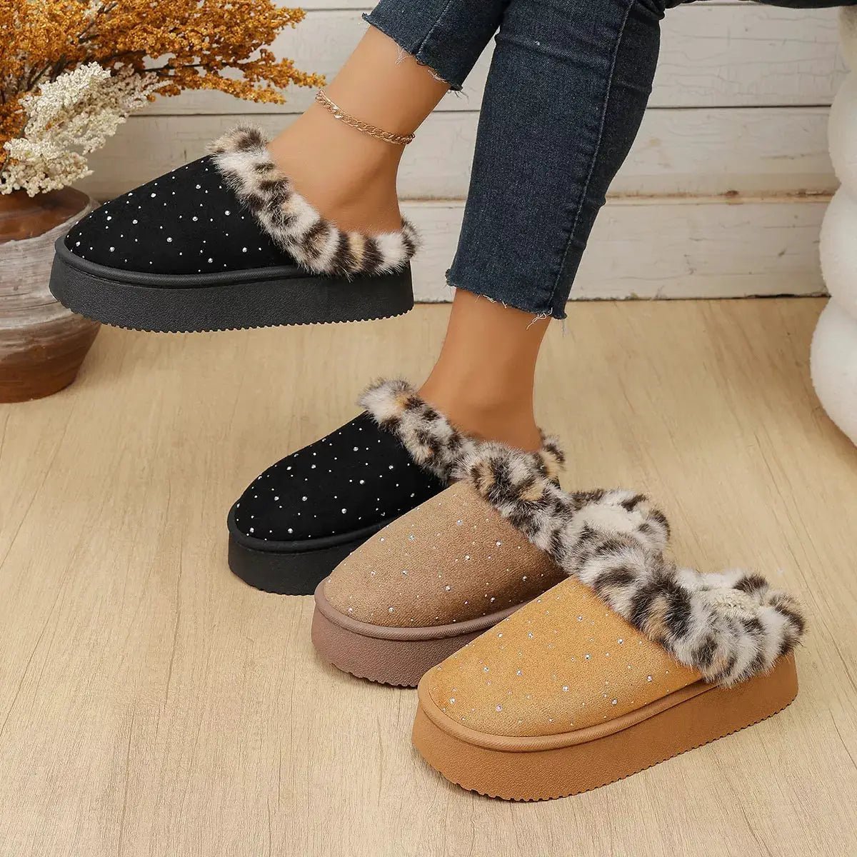 Rhinestone Faux Fur Platform Slippers - Bitsy Gypsy Boutique