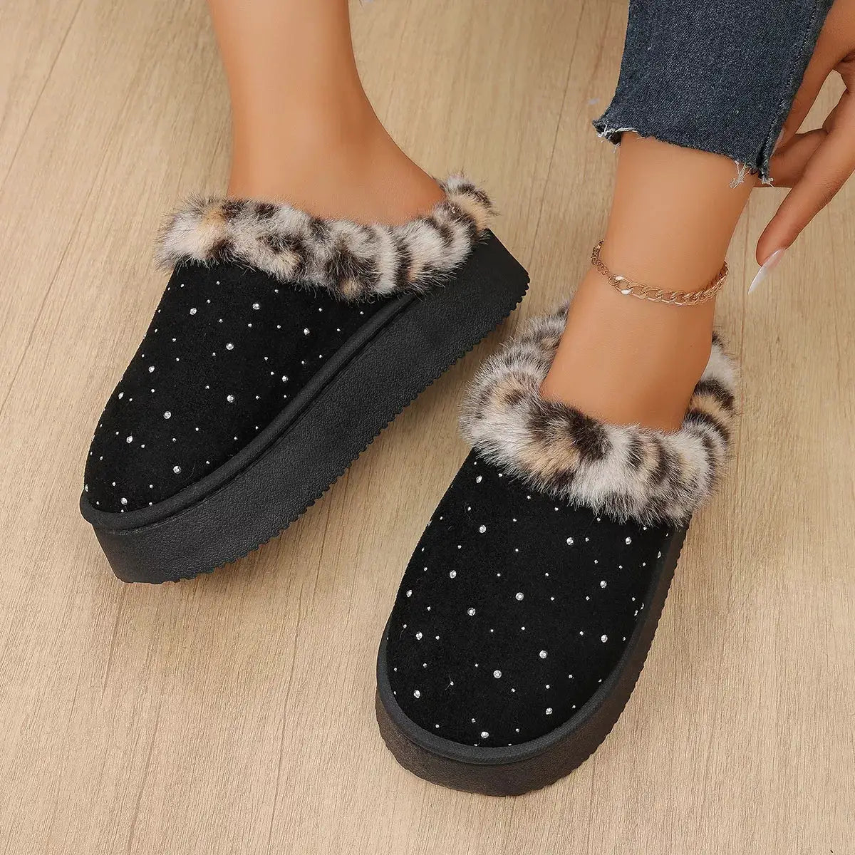 Rhinestone Faux Fur Platform Slippers - Bitsy Gypsy Boutique