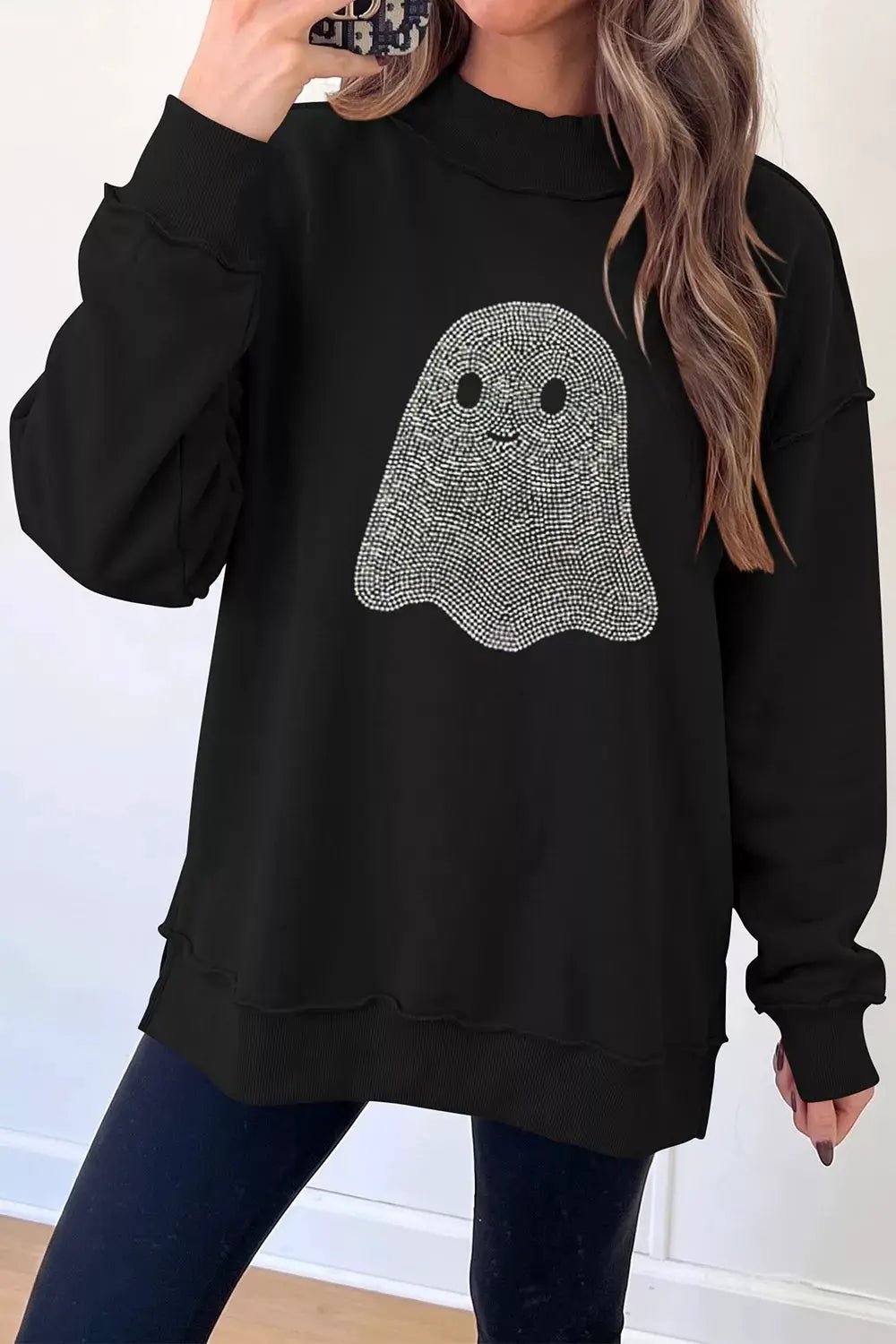 Rhinestone Ghost Exposed Seam Mock Neck Halloween Sweatshirt - Bitsy Gypsy Boutique