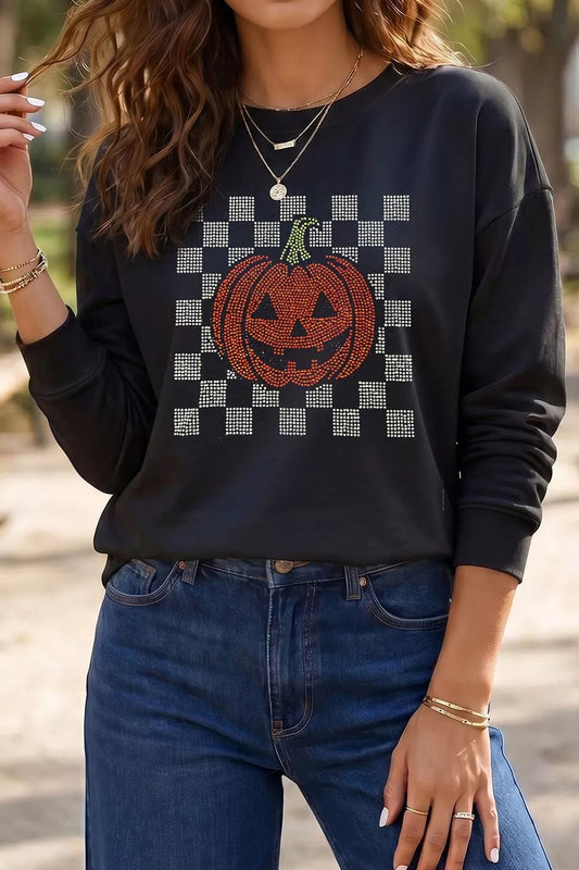 Rhinestone Pumpkin Long Sleeve Sweatshirt - Bitsy Gypsy Boutique