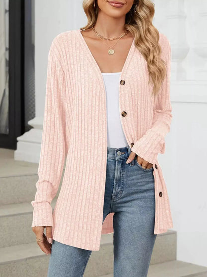 Ribbed Button-Up Cardigan by Trendsi