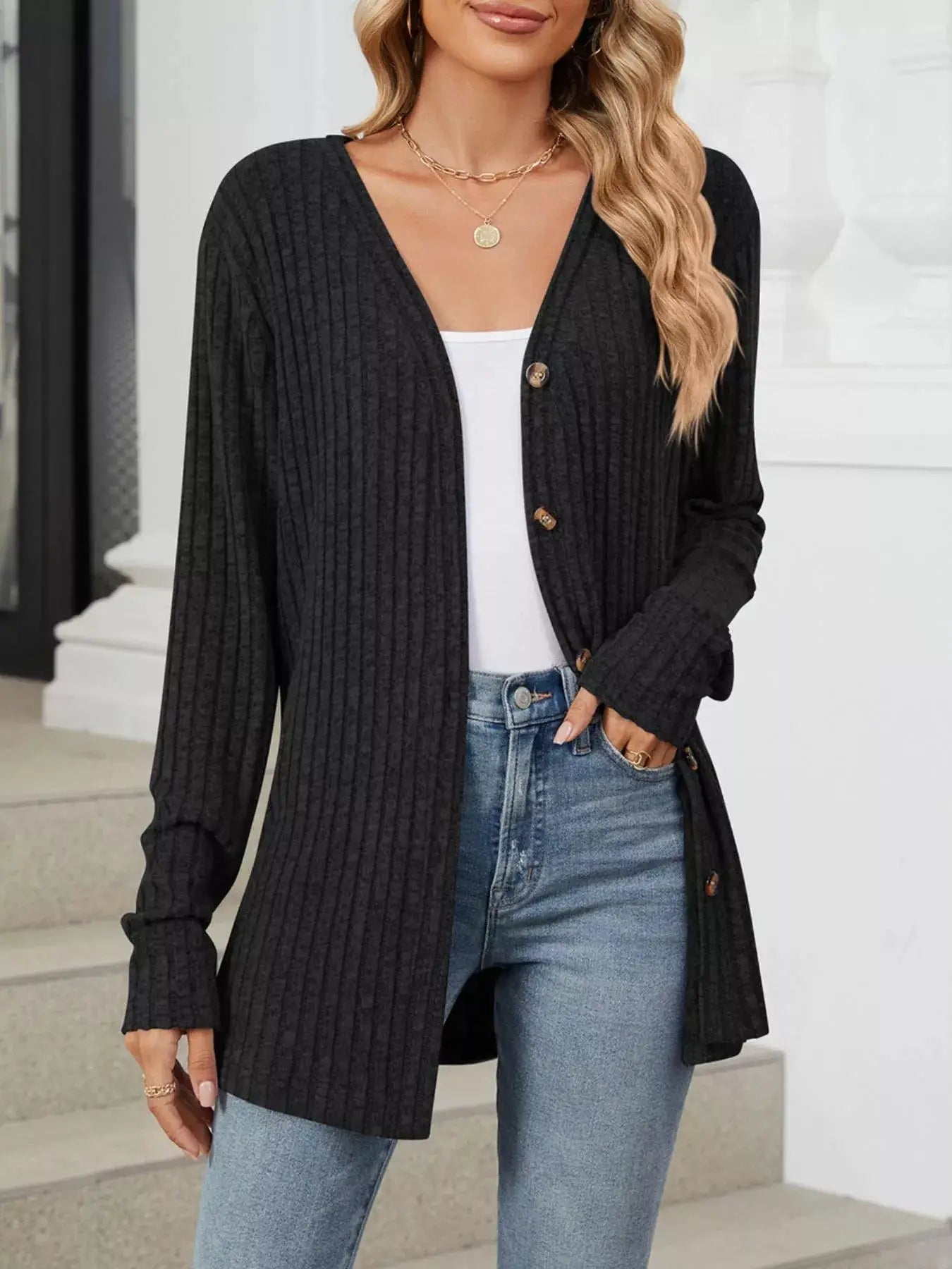 Ribbed Button-Up Cardigan by Trendsi
