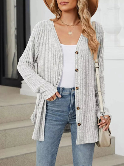 Ribbed Button-Up Cardigan by Trendsi