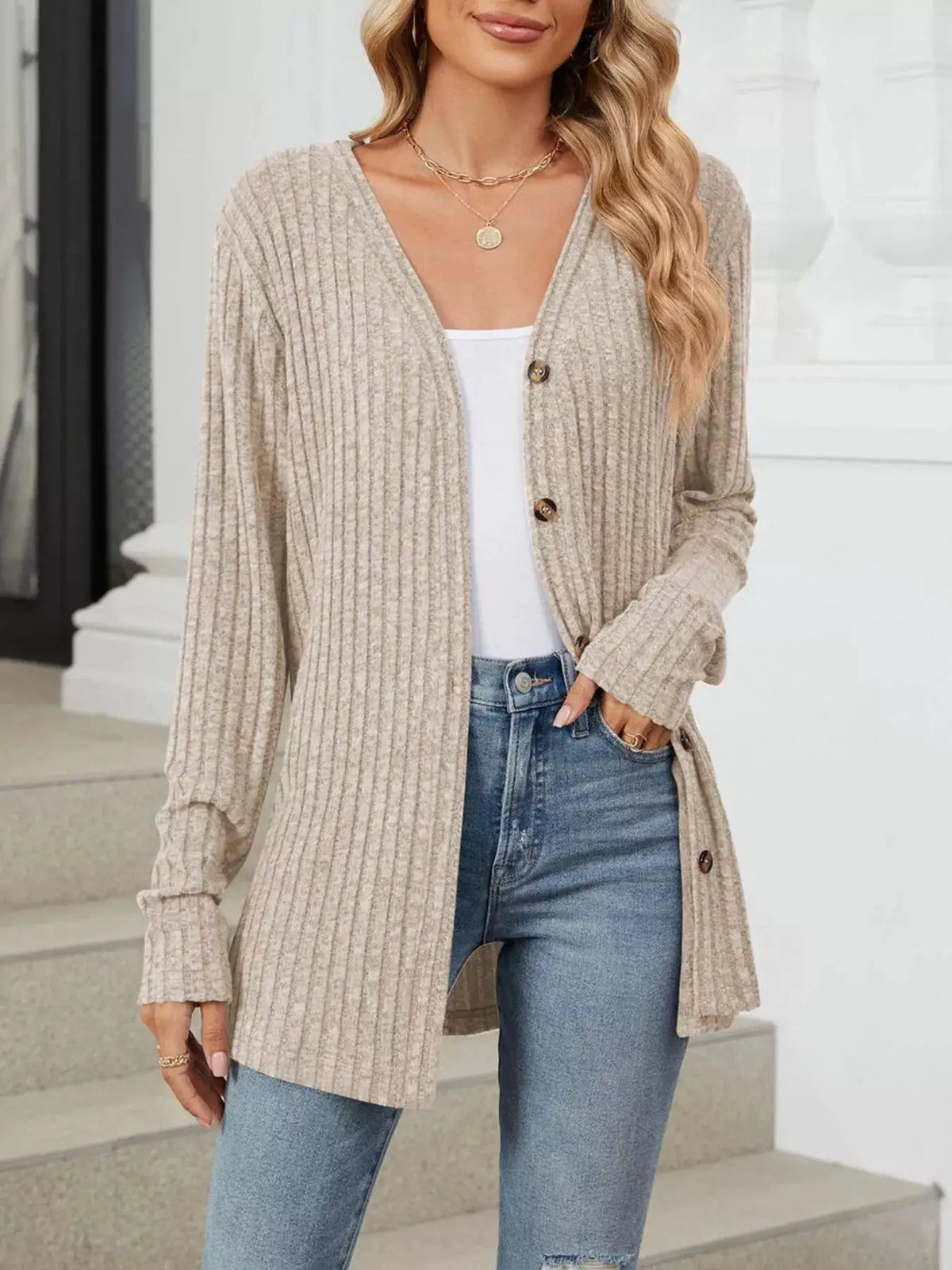Ribbed Button-Up Cardigan by Trendsi