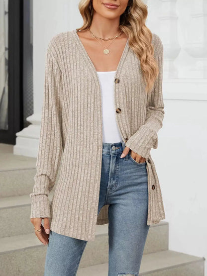 Ribbed Button-Up Cardigan by Trendsi