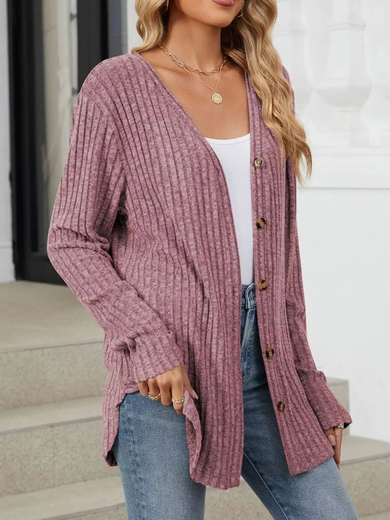 Ribbed Button-Up Cardigan by Trendsi