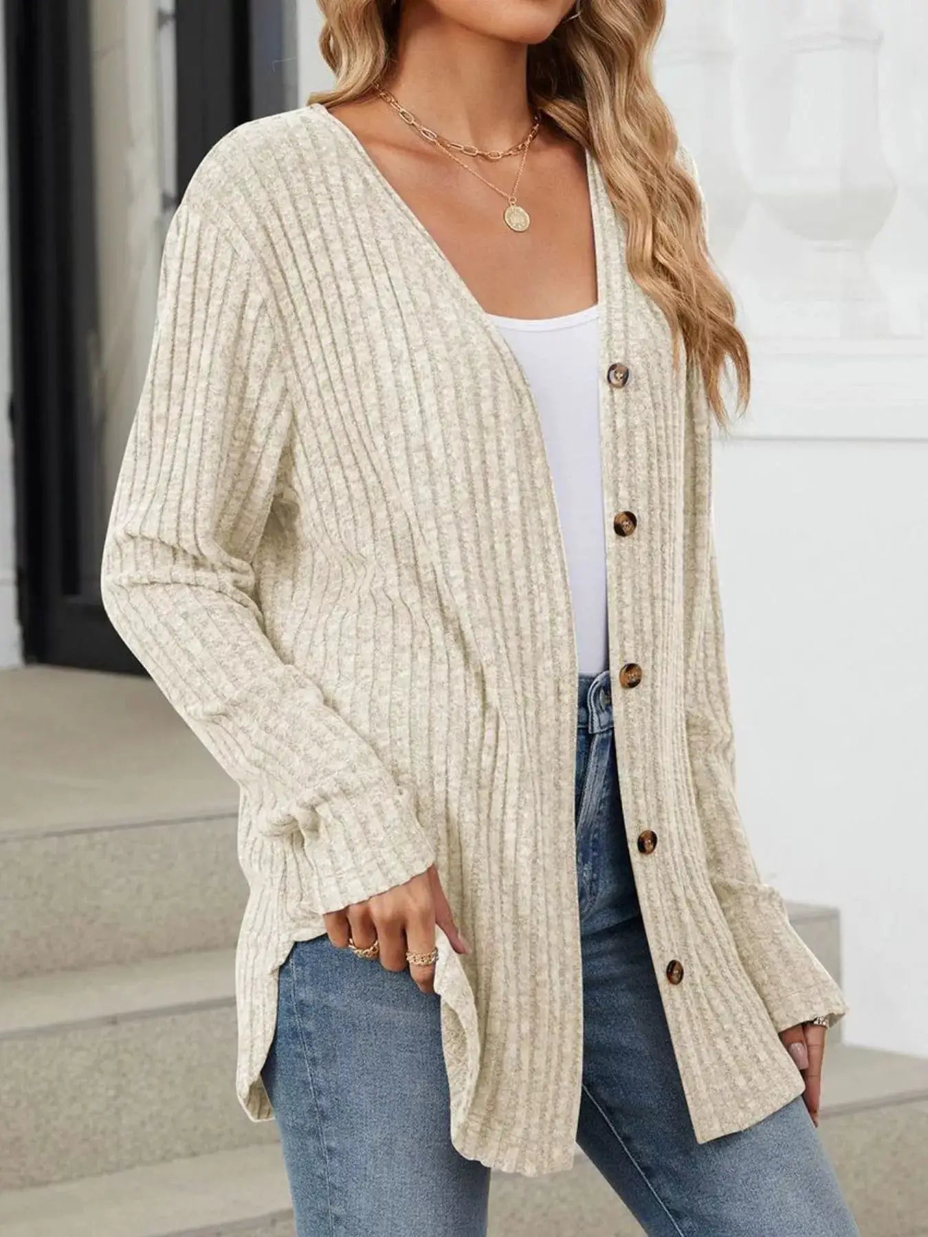 Ribbed Button-Up Cardigan by Trendsi