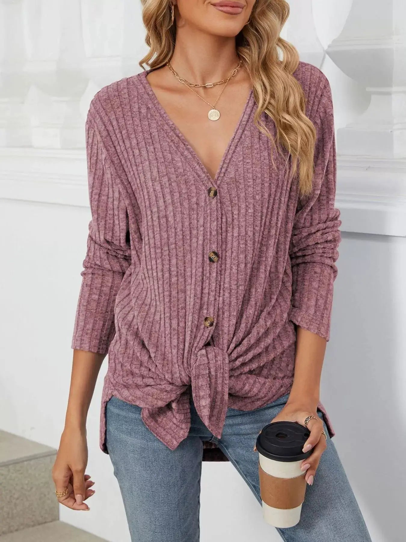 Ribbed Button-Up Cardigan by Trendsi