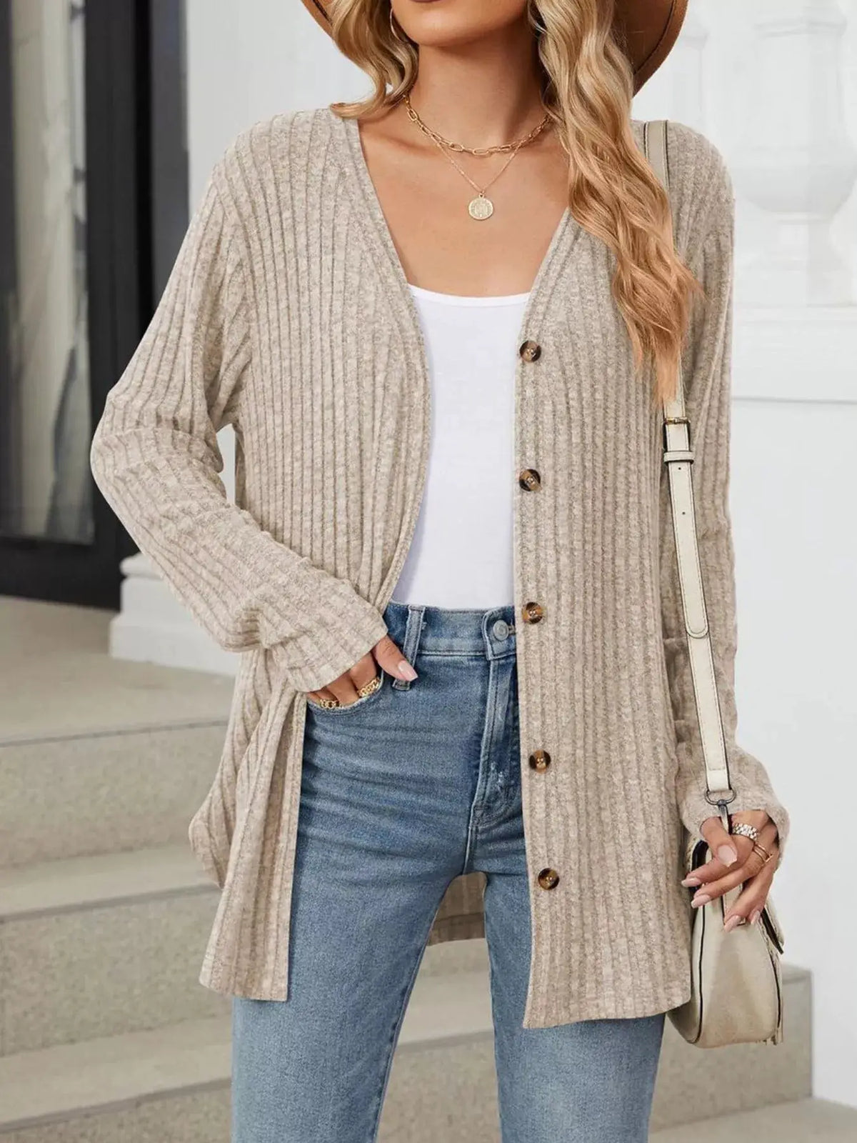 Ribbed Button-Up Cardigan by Trendsi