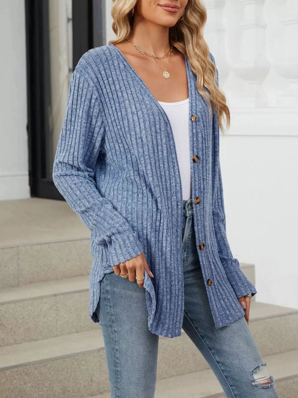 Ribbed Button-Up Cardigan by Trendsi