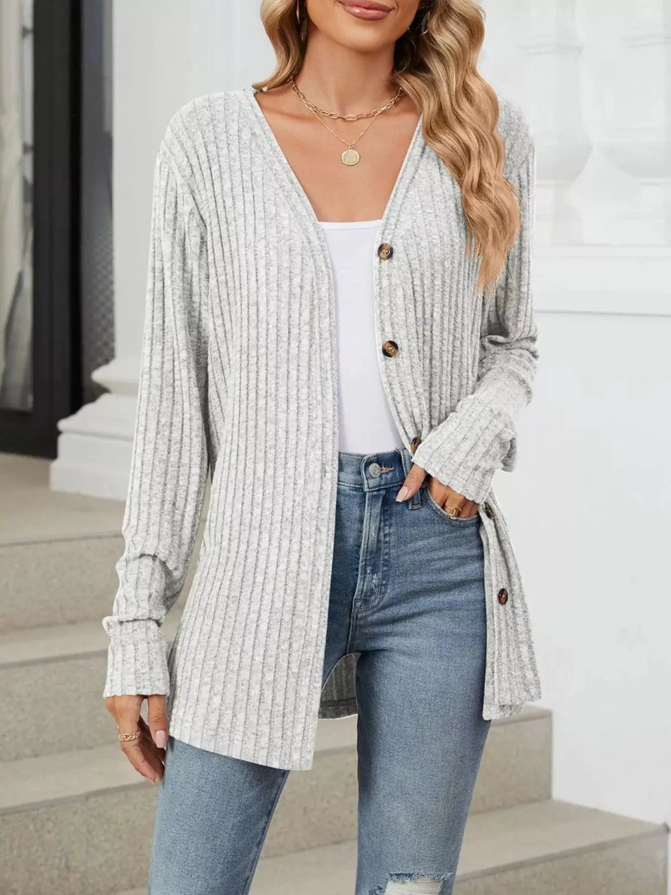Ribbed Button-Up Cardigan by Trendsi