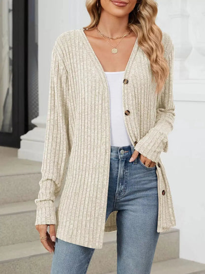 Ribbed Button-Up Cardigan by Trendsi